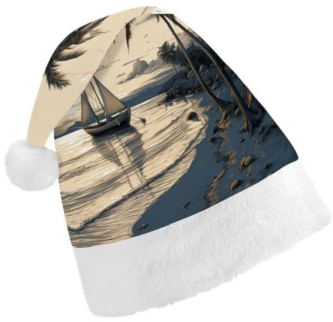 LHOKDR Weihnachtsmütze mit Palmen-Angelboot-Aufdruck, Weihnachtsmütze für Erwachsene – Weihnachtsmannmütze für Damen und Herren