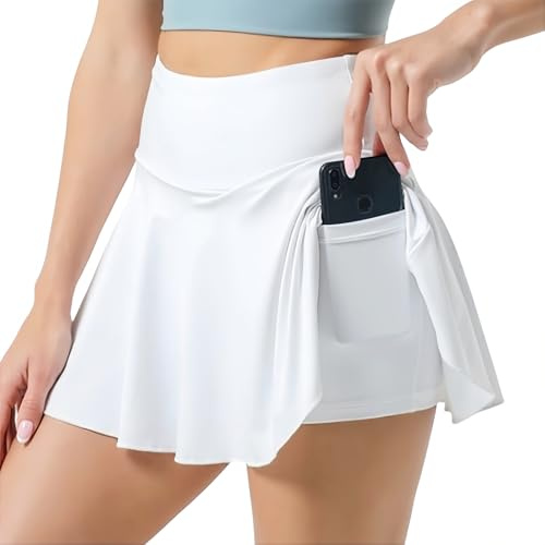SamHeng Jupe de Tennis pour Femme Jupes Sportives avec Shorts Jupe plissée avec Poches Taille Haute Skort Entraînement Golf Skorts Courir Fitness Sports de Base Mini Jupe (Blanc/M)