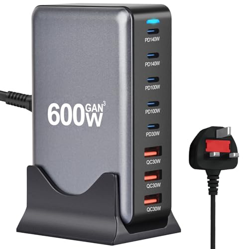 600W GaN3 Fast Charging Station - Multi-port Charger Block, 5 USB-C Ports (140W/100W/30W) & 3 USB-A Ports (30W QC) - Compact Multi-Device Charger for Laptops, iPhone 15/16, Galaxy, PS5 (600W)