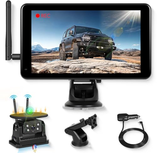 Hodozzy Solaire HD Caméra de Recul sans Fil Kit, Moniteur Ecran Tactile IPS de 7 Pouces avec Enregistrement DVR, 10000mAh Caméra Magnétique avec BSD, Etanchéité IP68, Vision Nocturne, Type C