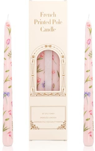 Dinner Candles, 10'' Prints Tapered Candles Party Decor, Non Drip Long Non Scented for Candlesticks Table Dinner Valentine's Day Home Afternoon Tea Decoration 2PCS (Light Pink Tulip)