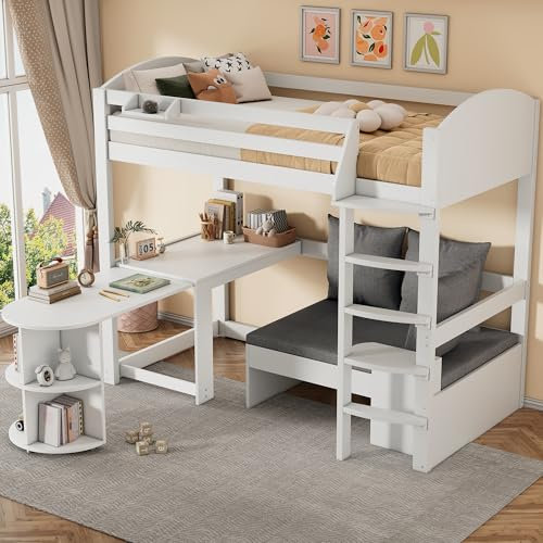 Multifunktionales Kinderbett 90x200cm, Etagenbett Hochbett mit ausziehbarem Tisch, Sofa mit Stauraum, Sitzkissen, Kissen und Lagerregale, Stockbett Kinderhochbett Jugendhochbett, Ohne Matratze, Weiß