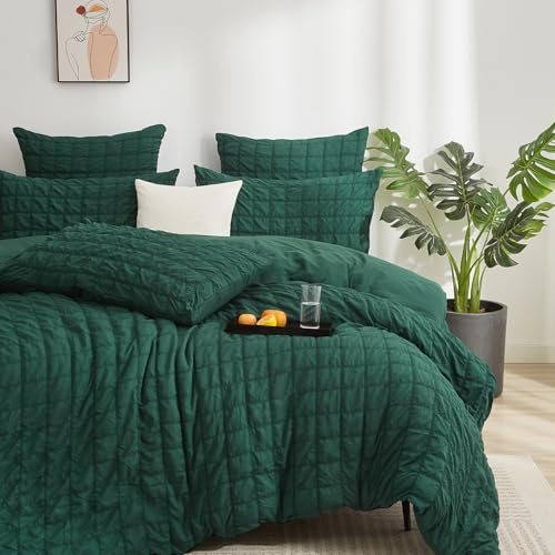 YASMENG Seersucker sängkläder 135 x 200 mörkgröna rutiga sängkläder sjösucker rutnät moderna sängkläder mikrofiber mjukt ventilerande påslakan set 2 delar med dragkedja och 80 x 80 cm örngott