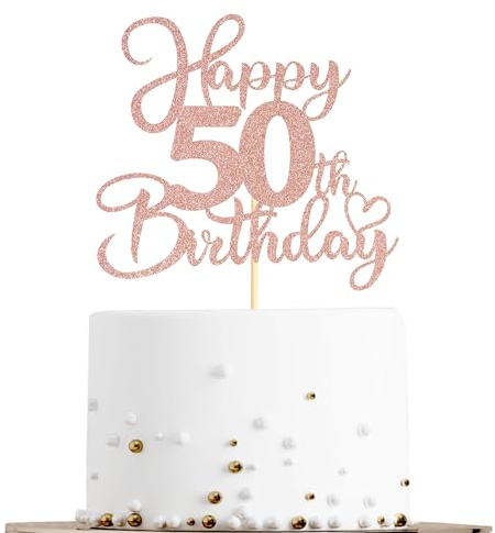 Sotpot 1 Pack 50th Birthday Cake Topper Double-sided Rose Gold Glitter Cake Pick Cake Decoration for Happy 50th Birthday Anniversary Party Decorations