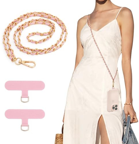 GIUSOBG 2 Pièces Chaîne de cou pour Téléphone Portable 120cm/30cm avec 4 pcs Patch d'attache de Téléphone, Bandoulière chaîne, Compatible Avec Tous Coques Pour Smartphone (Rose)