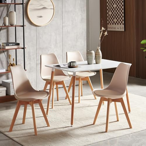 LafeuR Esszimmergruppe Esstisch mit 4 Stühlen Essgruppen, 110cm Rechteckig Küchentisch und 4er Set Esszimmerstühle Sitzgruppe für Wohnzimmer Küche Büro(Weiß Tisch+4 Helles Khaki Stühle)
