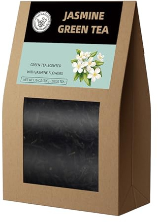 HANFANGLING Té Verde de Jazmín - Té Premium en Hojas Sueltas con Flores Naturales de Jazmín, 100% Natural, Aromático y Refrescante, 1.76 oz (50 g)