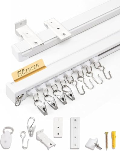 Ezcasch 1.5m Aluminium Vorhangschiene 1 läufig Gardinenschiene(Schiene x 2) | Aluminium Weiß Vorhangschiene,Decken- und Wandmontage,mit Komplettes Zubehör, 1 läufig Gardinenschiene Set für Raumteiler