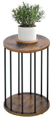 HDANI 45 cm rund metallväxtstativ, fast och robust blomstativ för vardagsrum, trädgård, balkong, träblompall, vintage brun och svart