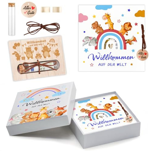 Szhhrxi Karte Geburt Geldgeschenk Verpackung, Sinnvolle Baby Geburt Geschenk Mädchen & Junge mit Holz Karte Geld, Regenbogentiere Glückwunschkarte für Geburt Baby 1 2 3 Jahr Babyparty Geburtstag