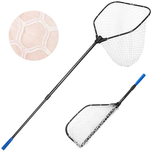 Long Fishing Net, Foldable Landing Net with Telescoping Handle, Rubber Netting, Lightweight & Strong, Length 56″-75″, Hoop Size 20″ x 19″, Depth 24″, 25 lbs. Capacity