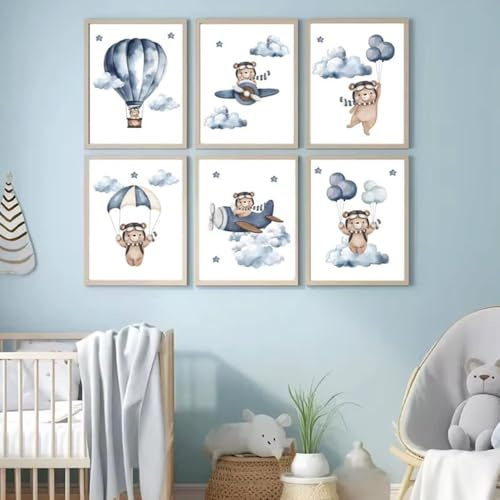 6 Bilder Babyzimmer Bär 21X30CM Poster Kinderzimmer Blau Luftballon Wolken Bilderwand Kinderzimmer Leinwand Babyzimmer Junge Bilder Teddybär Junge Kinder Poster Bär Teddybär ohne Rahmen