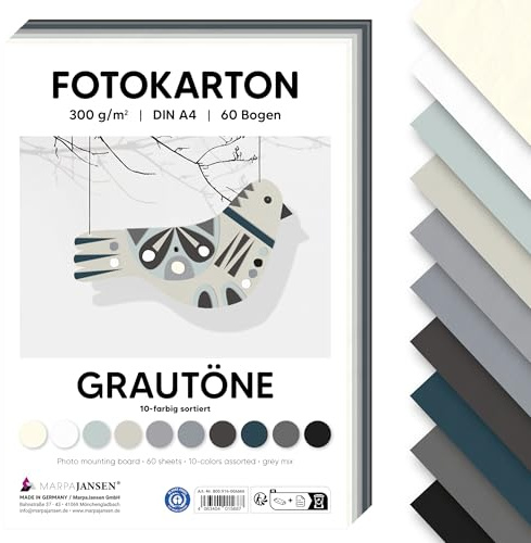 MarpaJansen Fotokarton Grau DIN A4 zum Basteln & Gestalten | 60 Bogen in 10 Farben, 300 g/qm² stabile Pappe | Blauer Engel zertifiziert, ideal für Karten & DIY Projekte