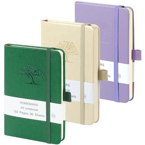 HOMEMARS Notizbuch A6, 3 Stück, a6 Kariert, 14.4cm x 9.6cm Notizblock,Lila, Weiß, Grün, Kariert, 192 Seiten, Notizheft, Notizblock, Notizbuch Leder, Prägebaum Design