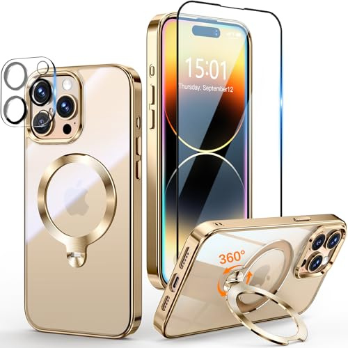 Yoouther 3 in 1 Magnetische Hülle für iPhone 14 Pro 6.1 [360° CD Unsichtbarer Drehständer für MagSafe] [Mit Stück Schutzfolie & Kameraschutz] [Nie Vergilbung] Militärschutz Stoßfest, Gold