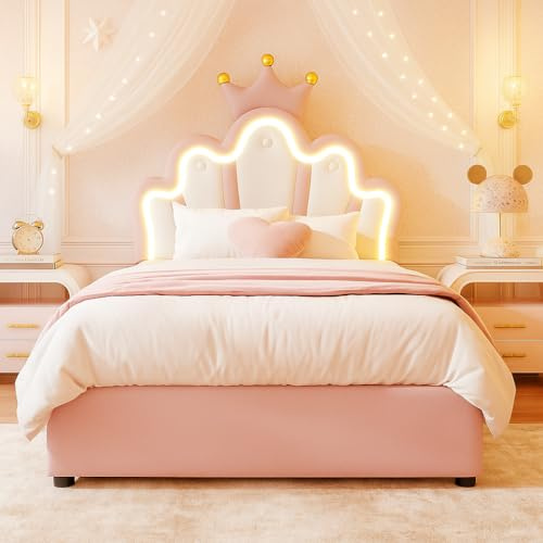 Merax Prinzessinnenbett 90x200 cm mit LED-Beleuchtung, Polsterbett mit Stauraum & hydraulischem Hebemechanismus, Kinderbett Mädchen im Kronen-Design, Jugendbett aus PU, Rosa
