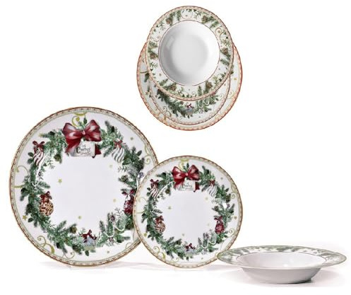 Servizio Piatti di Natale completo per 6 Persone 18 PZ ghirlanda fiocco rosso in Porcellana tavola elegante natalizia decorazioni agrifoglio pigne palline idea regalo
