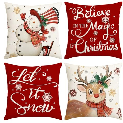 RABUSOFA Rot Weihnachtskissenbezüge Kissenbezug 45x45 4er Set Kissen Weihnachten Rentier Schneemann Let It Snow Weihnachtsdeko Outdoor Xmas Deko Winterdeko Decorations Indoor (Rot, 45 x 45 cm)