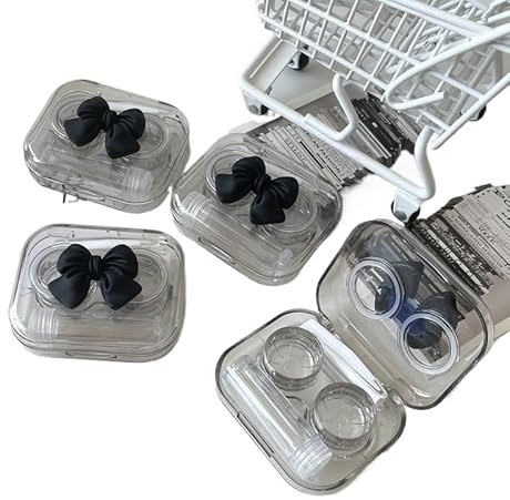 Contact Lens Cases,Contact Lenses Case Box 5pcs Contact Lens Cases Transparent Bow Case Girl Portable Storage Box Travel Eye Care Container(Black-Bow)