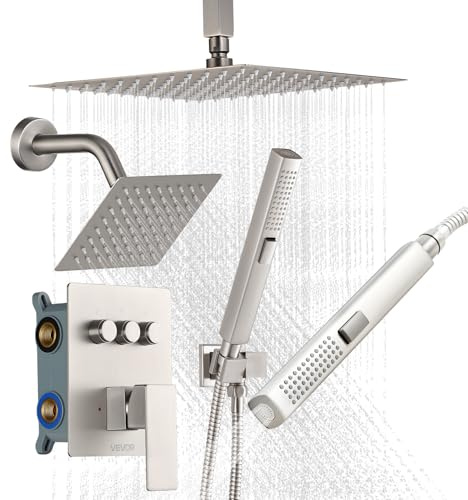 VEVOR Set Doccia con Sistema Doccia a Pioggia, da 254 mm, Soffione a Parete, Doccetta, Soffione a Pioggia Doppio Girevole, 3 Funzioni, Kit di Finitura e Valvola in Ottone, Nichel Spazzolato