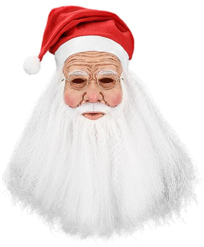 Hbbgdiy Tomtemask realistisk latex jultomte ansiktsmask med skägg, ram och röd hatt, rolig julkostym tillbehör för vuxna cosplay fest semester prestanda tillbehör