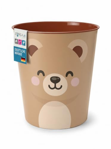 itenga Corbeille à papier pour enfants - Motif animal - Design Kawaii - Ronde - Environ 11 l - Poubelle pour chambre d'enfant - Plastique solide (ours)