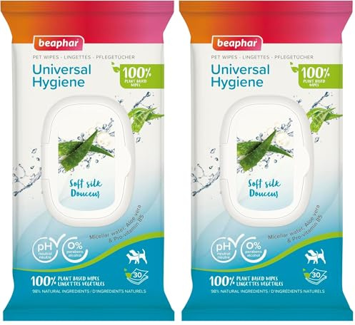 BEAPHAR – Lingettes Universelles 100% végétales pour Chien et Chat – 98% Ingrédient naturels – À l'Eau micellaire, à l'Aloe Vera et à la Pro-Vitamine B5 – 0% parabène/alcool – pH neutre – 30 Lingettes