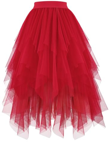 tüllrock Damen,Tüllrock Lang Damen Große Größen Puffy Tütü Rock Tüll Röcke Unregelmäßiger A-Linie Mit Elastische Hohe Taille, Karneval Feen Kostüm S-XXL