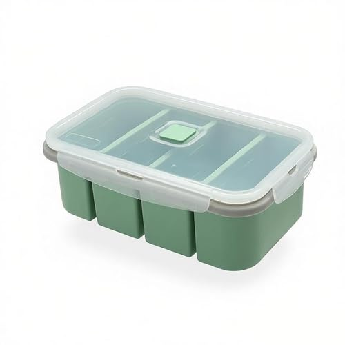 Recipiente de silicona con tapa para congelar, envase hermético para sopa, caldo y salsa, contenedor de almacenamiento al vacío para preparación de comidas, cocina y conservación (Verde, 4 casillas)