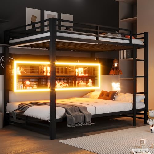 Xwiny Kinderbett Hochbett 140x200 cm mit LED-Licht, Etagenbett mit Stauraumschränken, Rausfallschutz, Metal, Schwarz (Ohne Matratze)
