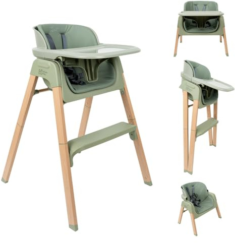 DEVESSPORT Trona 2 en 1 Plegable y Evolutiva (6 a 60 Meses) - Silla Alta Convertible con Montaje Sin Herramientas, Bandeja Extraíble, Cojín Lavable y Estructura de Acero Lacado - Verde