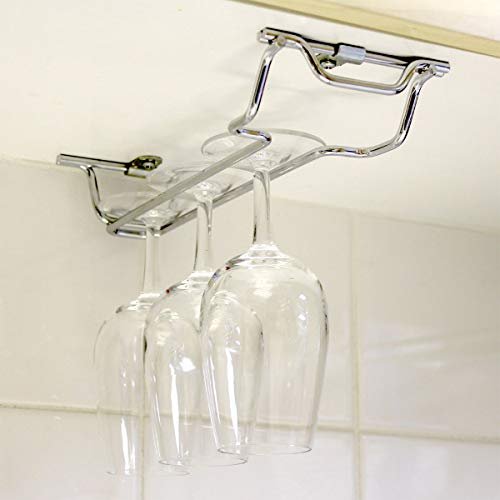Chrome Plated Wine Glass Hanging Rack Wine Glass Hanging Rack 1 Column - Shelf Mounted, Wine Glass Storage Drying Rack Wine Glass Holder, Holds any type of glassware wine or beer glasses and flutes