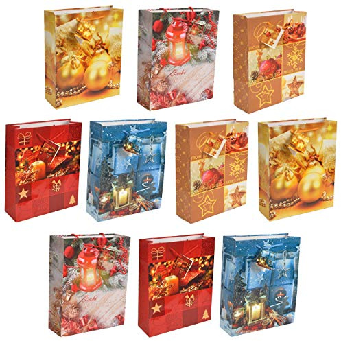 HRB Geschenktüten 10 Stück für Weihnachten, stabile Weihnachtstüten der Marke HRB, weihnachtliche Geschenkverpackung (Gold/Rot, Medium)