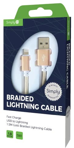 Simply ICIP05 USB to Lightning 1.5 m Long Braided Charging Cable for iPhone 11/SE/12/13+Pro, iPad/Air/Pro/Mini and Other Apple Devices, Gold