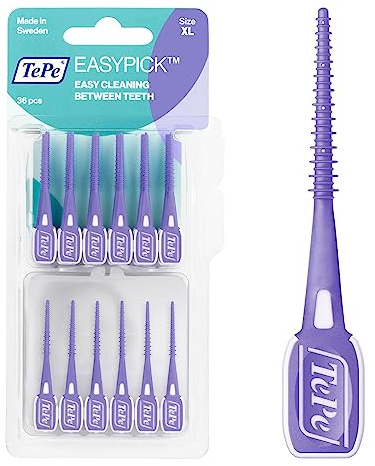Stick interdentale TePe EasyPick, Viola, ISO XL, 36pz, rimozione placca, pulizia interdentale efficace, stick interdentale duraturo per spazi larghi, contenitore tascabile incluso