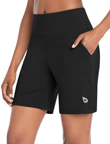 baleaf Women's 7 Athletic Long Shorts High Waisted Running Bermuda Shorts with Pockets Black X-Large