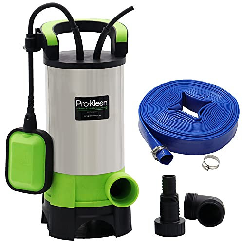 Pro-Kleen Submersible Water Pump 1100W Electric, 18000L/H, Heavy Duty 15m Layflat Hose for Clean or Dirty Water, Float Switch, 10M Power Lead, Floods, Pools, Gardens, Ponds, Hot Tubs