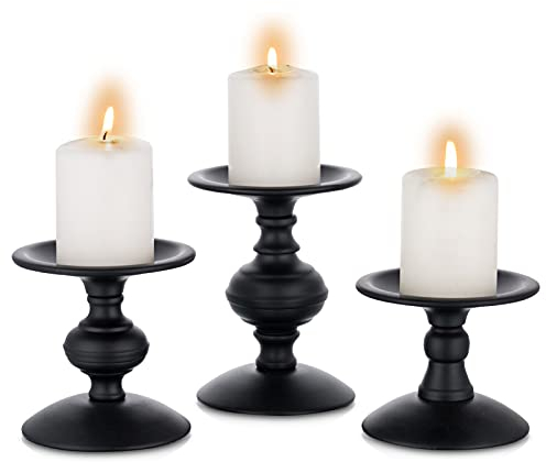 Sziqiqi Juego de 3 Vintage Portavelas de Columna Velas para Candelabros de Metal Envejecido Retro Negro Mate Candelabros Centro de Mesa Ornamentos Mesa de Centro Comedor Manto Chimenea
