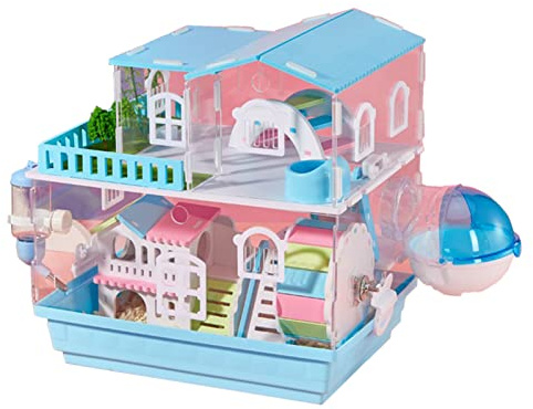 xixi-home Gabbia per criceto lago gabbia per criceto nano siriano habitat per piccoli animali a 2 livelli gabbie per criceto in acrilico completamente trasparente con kit di giocattoli (2 strati blu)