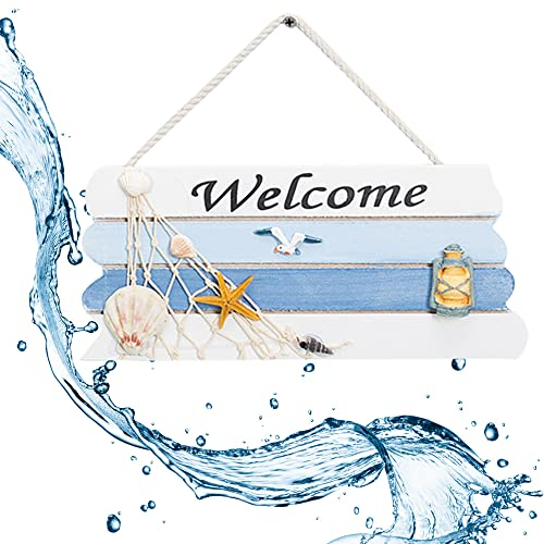Bienvenida Colgante, Letrero Colgante de Placa, Cartel de Bienvenida de Madera, Letrero Welcome Madera Estilo de Playa, Cartel de Bienvenida para Jardín, Porche, Decoración del Hogar (27 * 12CM)