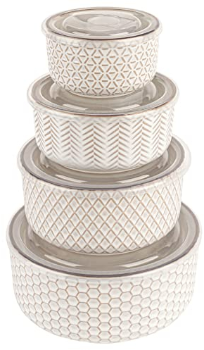 KooK Ceramic Nesting Bowls, with Lids, Serving, Set of 4, Embossed, Kitchen, Prep, Mix, Gift, Housewarming, Microwave and Dishwasher Safe, 10/16/29/47 oz, Narbonne Collection (Ivory)