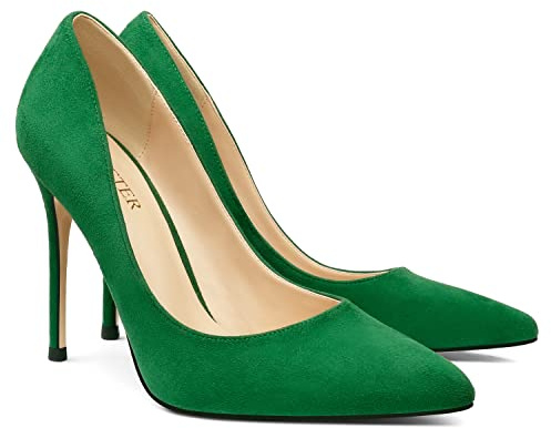 COLETER Women's 4 Inch Pumps Pointy Toe Wedding Dress Shoes Slip on Stiletto Pumps Suede Green 10US