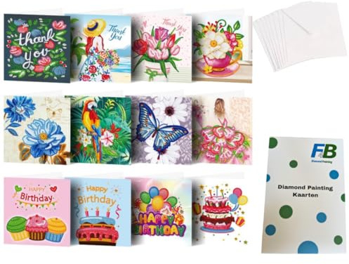 F4B 12-teilige Grußkarten (2) Diamond Painting 15x15cm | Runde Strasssteine | Mit Briefumschlägen | Geburtstagskarten | Kartenset | Cards | Happy Birthday | Kinder | Paket Erwachsene und Kinder