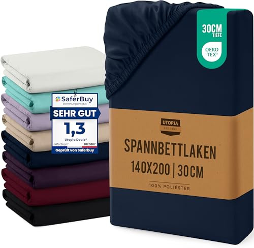 Utopia Bedding - Spannbettlaken 140x200cm Bis 30 cm - Marineblau | Oeko-Tex Zertifiziertes - Gebürstete Mikrofaser Spannbetttuch