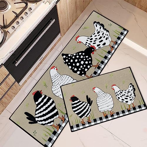 Arttown - Lot de 2 tapis de cuisine antidérapants et lavables, motif coq, style dessin animé, taille 39,9 cm x 59,7 cm et 39,9 cm x 119,6 cm, noir et blanc, décoration de cuisine vintage