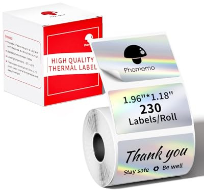 Phomemo Holographic Silver Thermal Sticker Labels für Phomemo M220 M250 | M221 M120 M150 M108 M110 M421 Etikettendrucker, Bedruckbare Thermoaufkleber,1 Rolle, 50x30mm, 230 Etiketten/Rolle