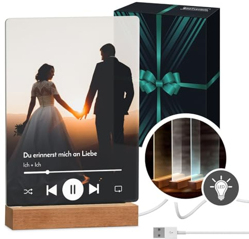 Maverton beleuchteter LED-Fotoaufsteller mit Echtholzsockel - personalisiertes LED-Acrylglas mit eigenem Foto für Paare - Glasbild zur Hochzeit zum Valentinstag - Größe: 21x32x4,5cm - Musik