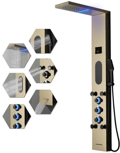 BWE Brushed Gold LED Shower Tower Bathroom Shower Panel System with Rainfall Shower Head Rain Massage Stainless Steel Shower Fixtures with Temperature Display