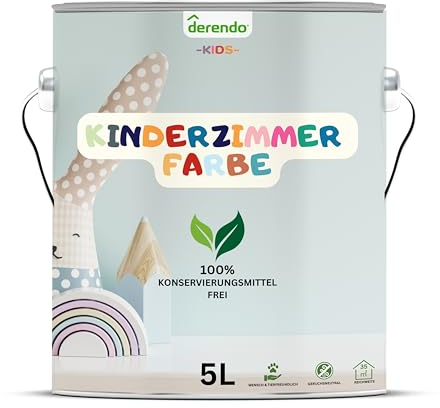 derendo Kinderzimmer Wandfarbe Weiß 5l – Umweltfreundlich, Geruchsneutral, Hohe Deckkraft, Schadstofffrei – Farbenfrohe Auswahl pastellfarben Farbe Weiss, 5 Liter