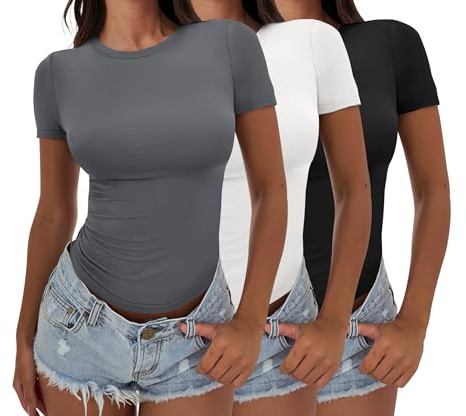 ANRABESS Women’s 3 Pack Short Sleeve Shirts 2026 Crop Tops Tight Fitted Basic Tees Workout T Shirts Y2k Clothes Summer Outfit Black White Deep Grey Medium